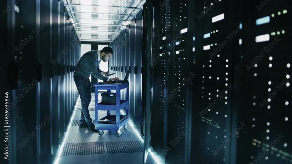 Poster it specialist works on a laptop and inspects server racks inside a brightly lit data center, surroun