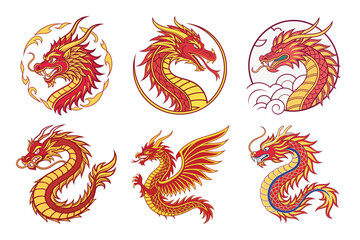 Dynamic collection of six fierce red and gold dragons showcasing traditional Asian mythology and powerful mythical creatures in various poses