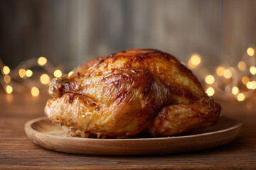 Roasted turkey on wooden tray with festive lights in background