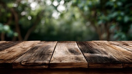 Weathered wooden table against a natural blurred background