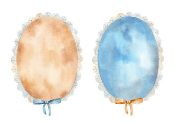 Two ellipse frames in vintage style. Oval hand-drawn medallions with bows. Watercolor design elements for greeting card or wedding invitations