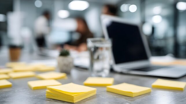 Strategic planning session with sticky notes and laptops in a modern office space