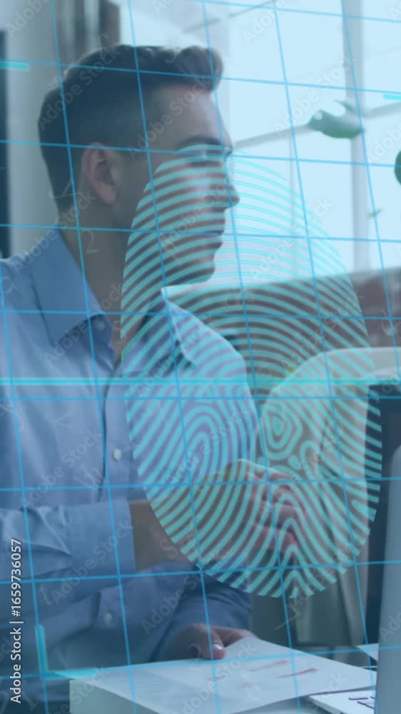 Poster animation of biometric fingerprint and data processing over diverse business people in office