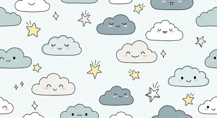 Whimsical Clouds Stars Kids Seamless Pattern High Res Tileable Digital Background
