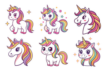 Enchanting collection of playful unicorns with vibrant rainbow manes and sparkling stars, perfect for magical party invitations and whimsical designs.