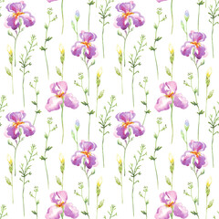 Seamless floral pattern with watercolor purple irises