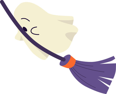 Halloween Ghost Flaying on Broom Illustration