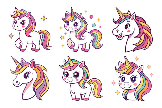 Enchanting collection of playful unicorns with vibrant rainbow manes and sparkling stars, perfect for magical party invitations and whimsical designs.