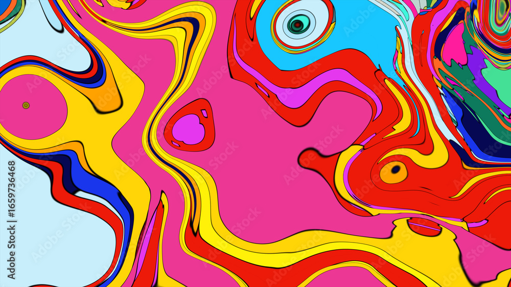 Poster abstract depiction of fluid dynamics with swirling colorful wave patterns in sharp detail on a clean