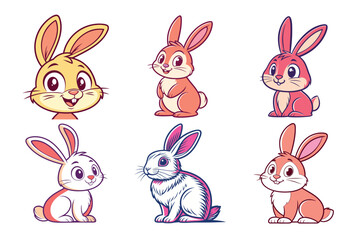 Adorable collection of cute cartoon rabbits in various adorable poses, perfect for Easter and spring celebrations, bringing joy and charm to any project.