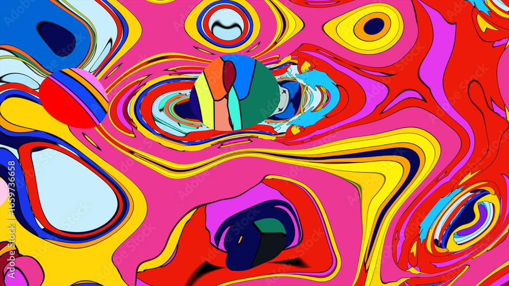Poster abstract depiction of fluid dynamics with swirling colorful wave patterns in sharp detail on a clean