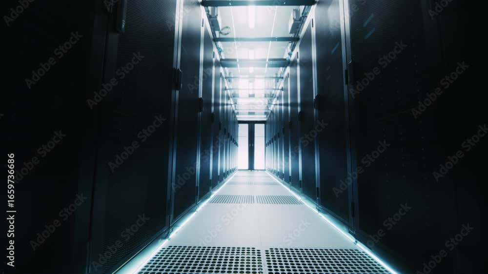 Poster camera moves through data center aisle lined with black server racks, showing modern infrastructure,