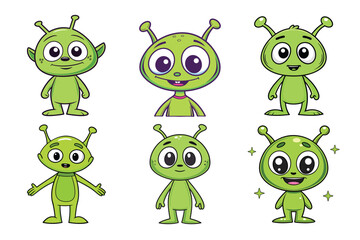 Naklejka premium Six adorable cartoon aliens with big eyes and antennas, showcasing diverse playful expressions and poses perfect for children's books and fun marketing campaigns