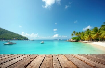 Fototapeta premium Wooden table with tropical beach background. Azure ocean, sunny sky, vacation. Summer holiday destination. Concept for product display, advertising, travel, relax, vacation, paradise, seaside resort.