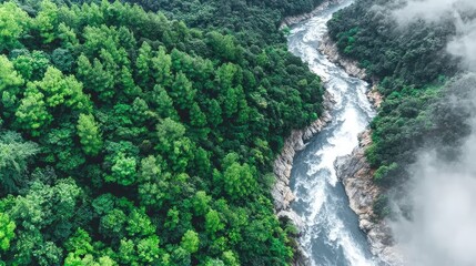 Top-down view of a rainforest with a winding river cutting through, rich green palette, tropical mist, deep jungle environment