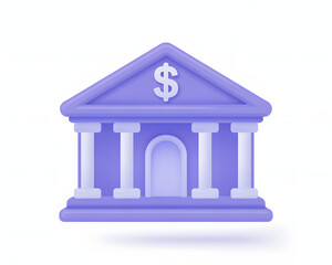 Purple 3D Bank Icon with Dollar Sign