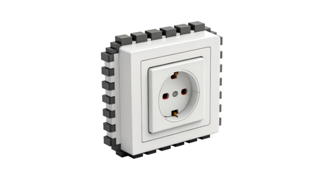 A white electrical socket with a pixelated border, isolated on a transparent background
