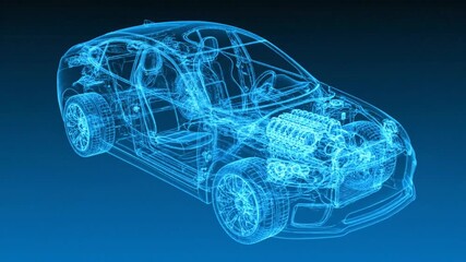Detailed Blue Wireframe of Car Body on Dark Background with Transparent Design - Powered by Adobe