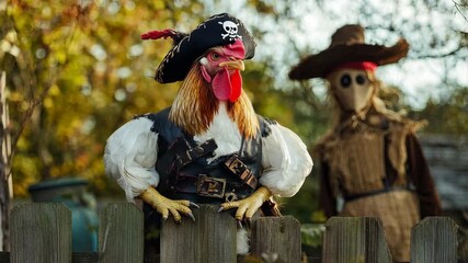 Pirate rooster stands guard on fence with scarecrow companion in autumn setting