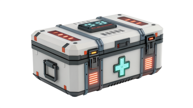 A futuristic medical first aid kit with a glowing cross symbol, isolated on transparent background