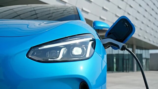 Electric Car Charging with Blue Exterior and Modern Building Backdrop at Daytime