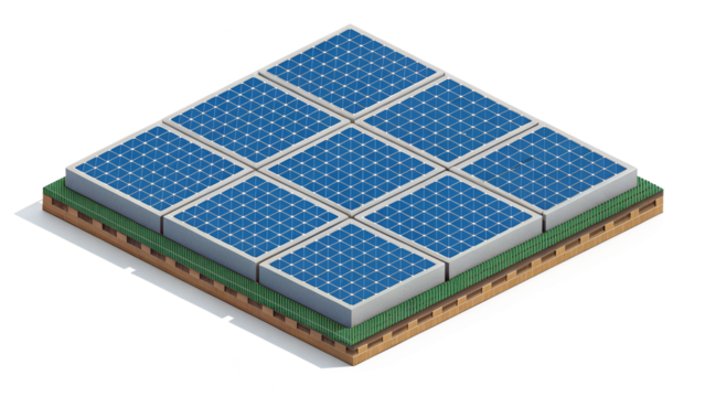 An isometric view of a solar panel array generating clean energy, isolated on a transparent background