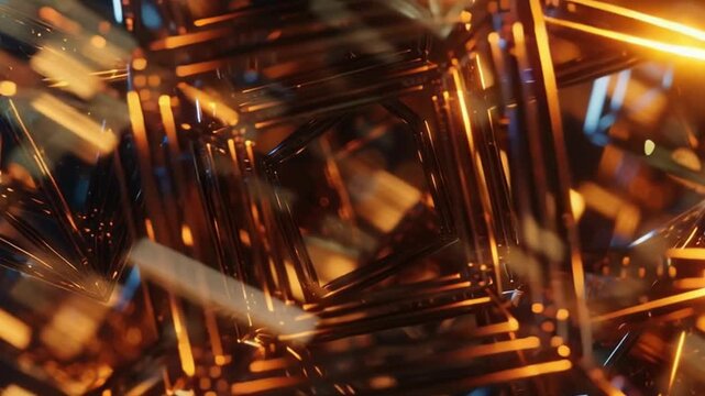 A futuristic abstract 3D composition of gold and copper geometric structures with light reflections. A modern background for design, presentations, and digital art.
