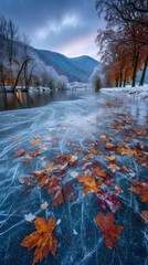 Frozen River With Autumn Leaves At Dusk