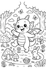 Adorable baby dragon playing with a bunny in a whimsical forest scene