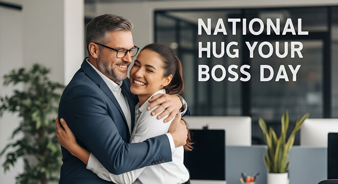Happy coworkers embracing, celebrating National Hug Your Boss Day in a modern office setting.