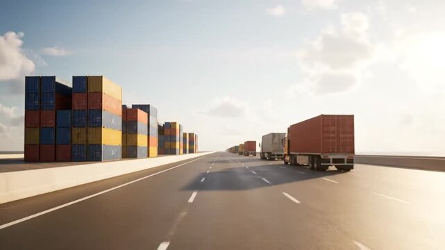 Highway With Transport Trucks And Rows Of Shipping Containers On Sunny Day