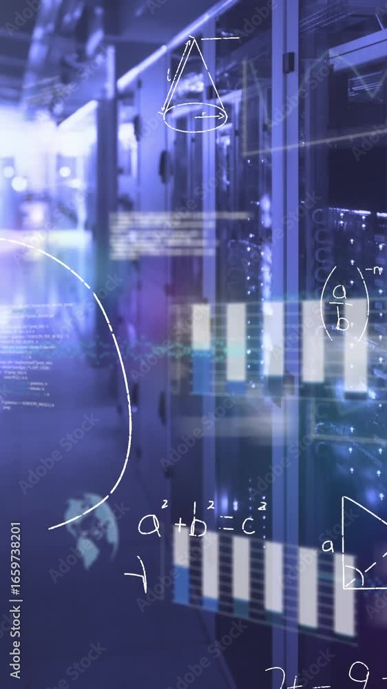 Aufkleber animation of mathematical equations, data processing and light spot against computer server room