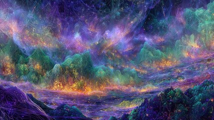 Abstract Colorful Cosmic Landscape With Glowing Mountains