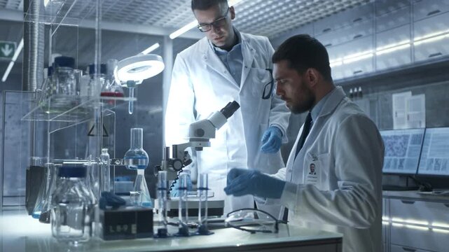 Scientists In Modern Laboratory Talk, Researching Samples With Microscopes And Computers. Teamwork Drives Discovery In Biomedical Science, Leading To New Healthcare, Medicine, And Drugs