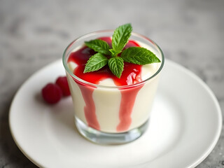 Italian Panna Cotta with Raspberry Coulis in Glass Cup