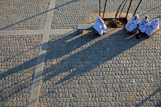 Aerial view of figures cloaked in white sit in stark relief against the gray cobblestone, casting long shadows under the bare trees, Location data omitted.