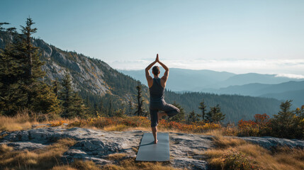 Man practicing tree yoga pose in mountains