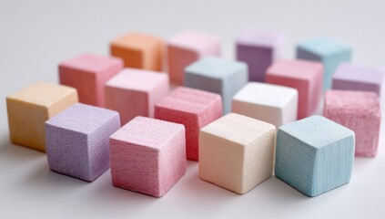 Obraz premium Colorful wooden blocks arranged on a light gray surface. Background is plain. Possible use education, creativity, design
