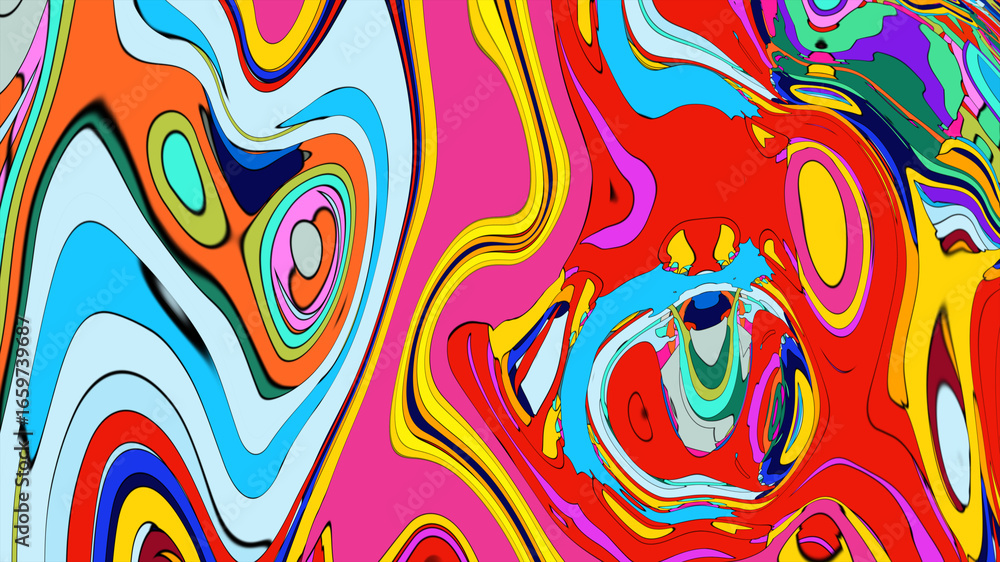 Poster abstract depiction of fluid dynamics with swirling colorful wave patterns in sharp detail on a clean