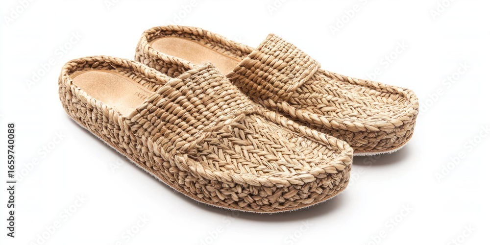 Poster a pair of woven straw clogs rests on a white surface. the clogs have a textured, woven design with a