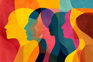 Diversity with Overlapping Colorful Human Profiles Representing Inclusion, Equality, and Unity in a Vibrant and Harmonious Composition