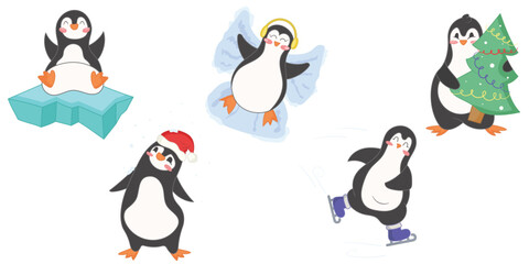 Set of cute Christmas penguins - cartoon penguins with Christmas tree, on ice floe, ice skating, lying in snow, wearing red hat
