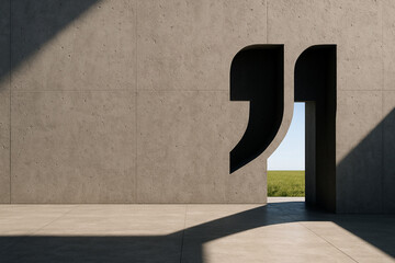 Minimalist architectural concept featuring a modern concrete wall with a doorway sculpted in the form of quotation marks. Symbolic entrance leading to open natural landscape. 