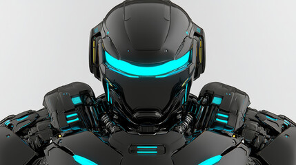 Naklejka premium Hyper realistic domestic AI assistant robot with sleek black design and glowing blue accents, showcasing advanced technology and intricate details. This futuristic robot embodies innovation