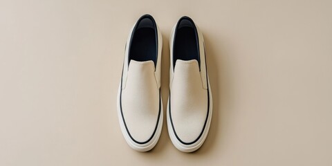 Two minimalist slip-on shoes are arranged on a light beige surface. The shoes are a creamy beige color with a dark navy blue trim around the edges. The soles are black. 