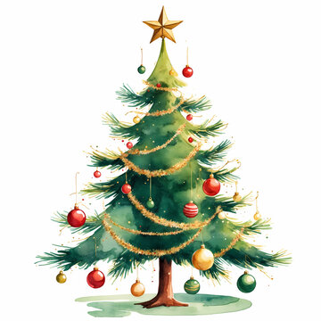 watercolor illustration of a richly decorated Victorian Christmas tree with candles, handmade ornaments, ribbons and garlands, surrounded by old-fashioned gifts, warm traditional colors, detailed brus