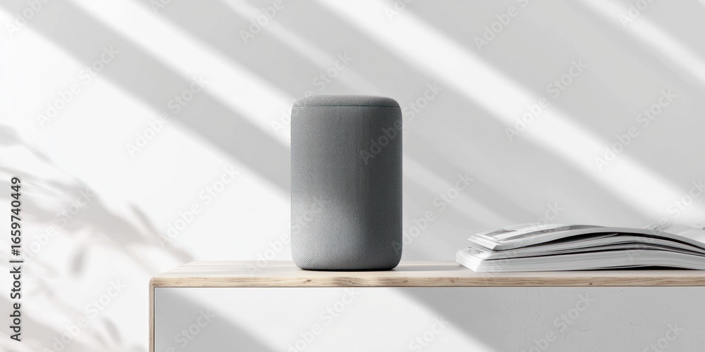 Poster a gray smart speaker sits on a wooden shelf, illuminated by sunlight streaming through window blinds