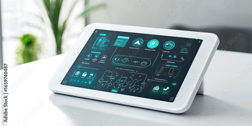 Poster a white tablet rests on a white table, displaying a digital interface with various icons and charts.