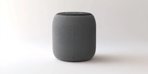 A gray smart speaker sits on a white surface. The speaker has a textured, woven fabric cover and a small, circular light indicator on top. The background is a plain white wall, creating a minimalist 