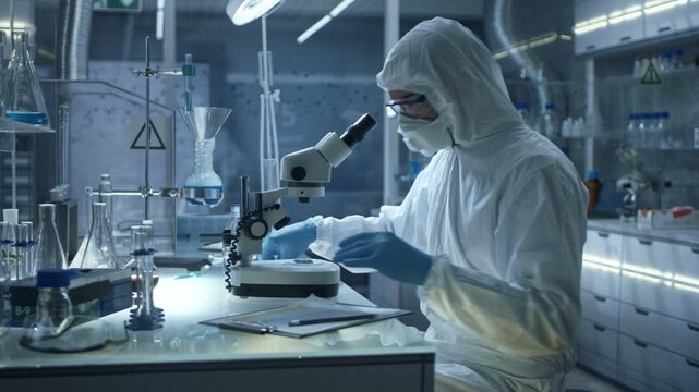 Scientist in Full Protective Gear Examines Samples With a Microscope in a Sterile Laboratory. Laboratory Glassware, Test Tubes, and Computer Screens With Scientific Medical Research Facility.